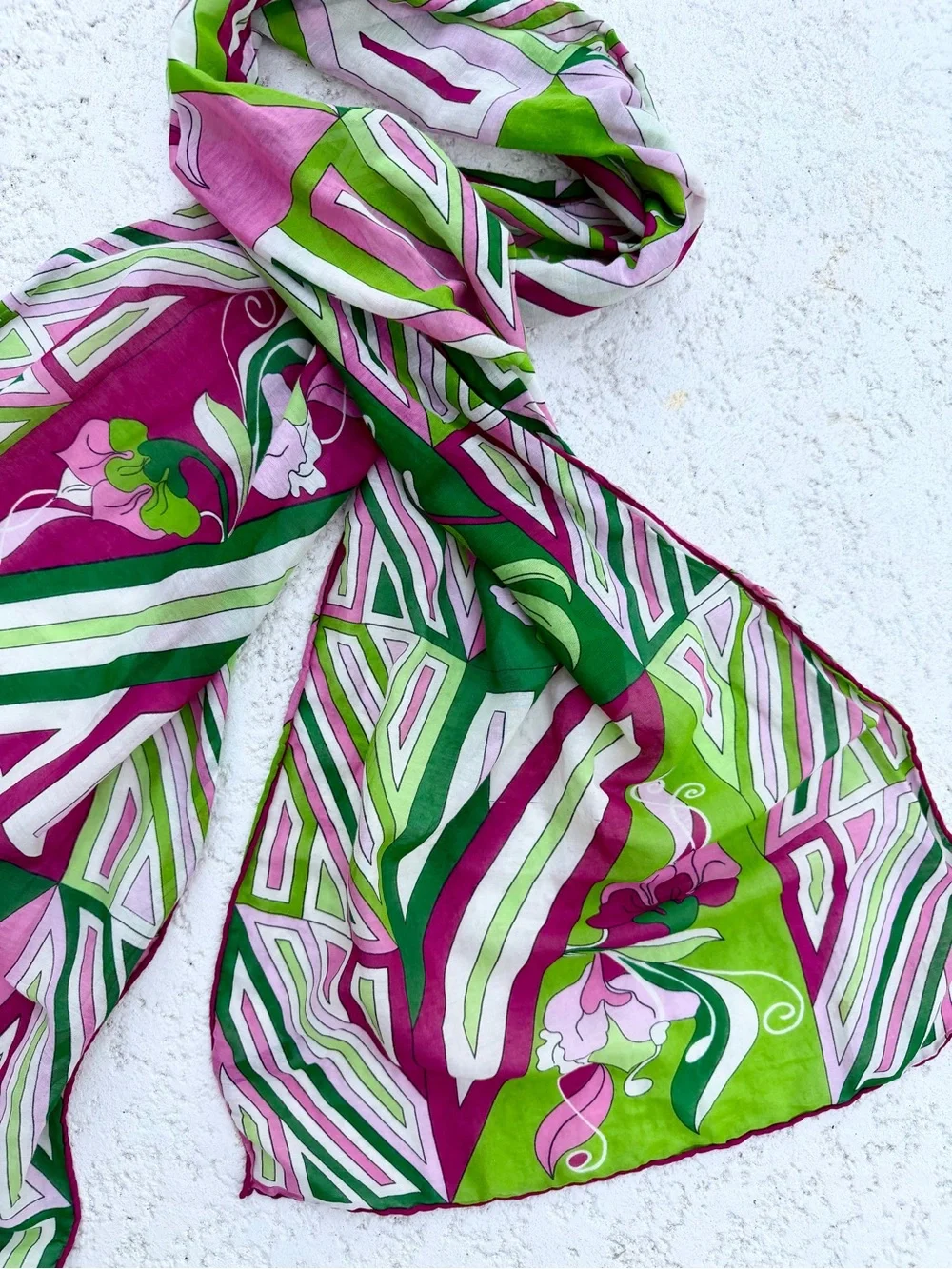 Talbots Cotton Silk Scarf Pink Green Geometric Floral Lightweight Wrap